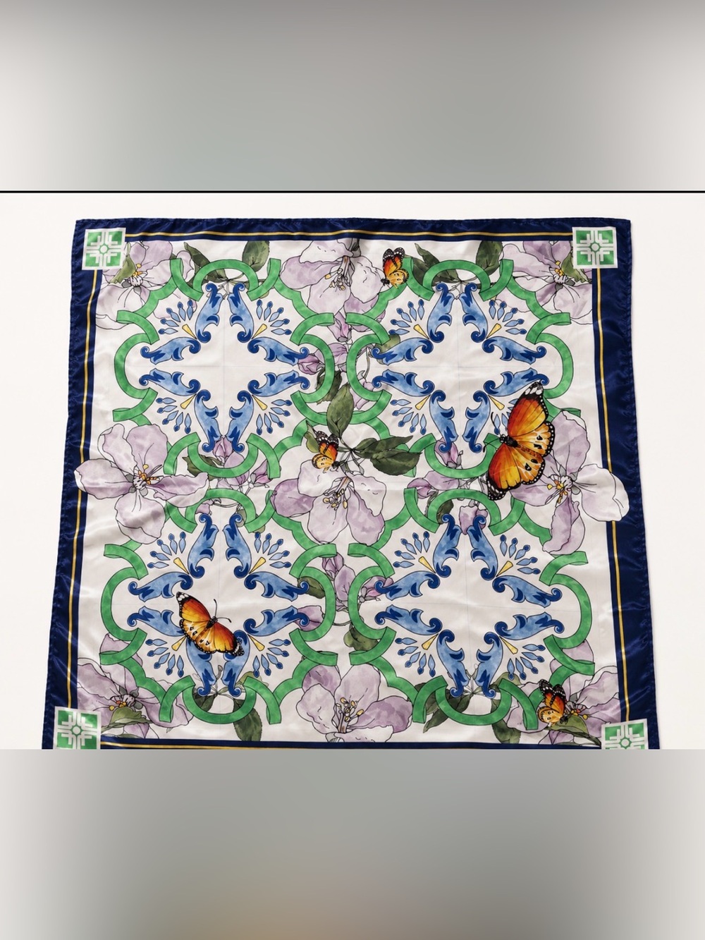 Vintage Mediterranean Butterfly Floral Satin Scarf Wrap 22 x 22